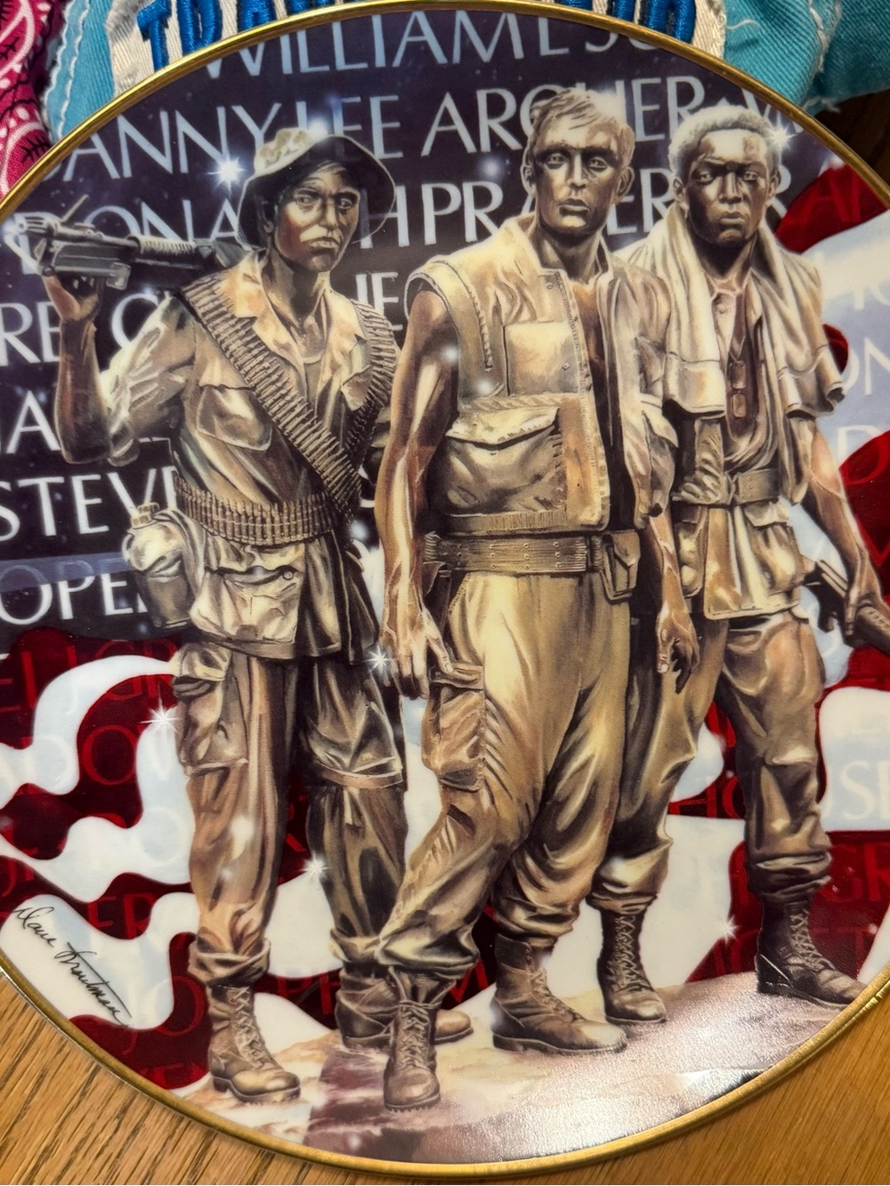 Franklin Mint Plate — Bronze-Tone Soldiers with Red, White, Blue Accents